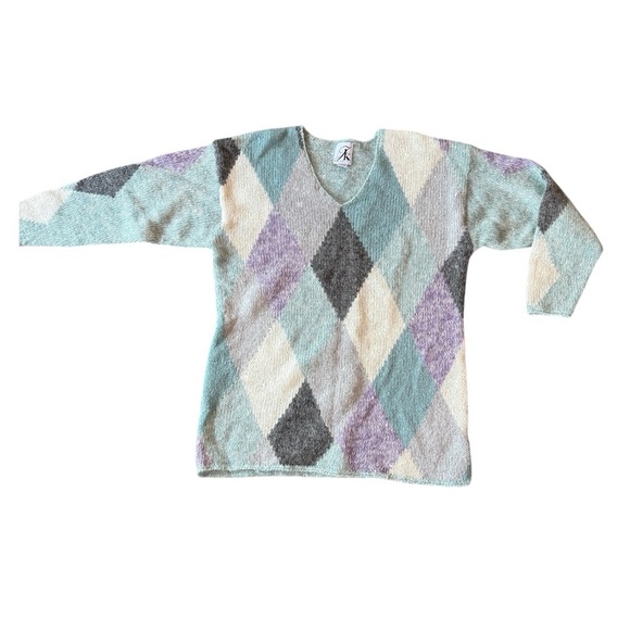 Vintage Mohair Blend Argyle Sweater 90s Pastel Knit Made In Hong Kong Cozy - Picture 4 of 12